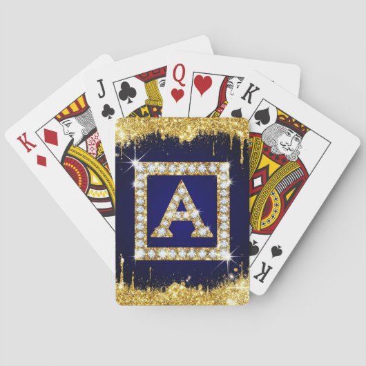 Gouden Monogram Beginletter A Met Blauwe Glitters Pokerkaarten (Achterkant)