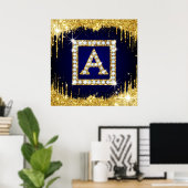 Gouden Monogram Beginletter A Met Blauwe Glitters Poster (Thuiskantoor)
