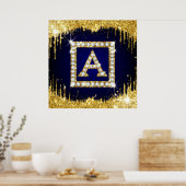 Gouden Monogram Beginletter A Met Blauwe Glitters Poster (Keuken)