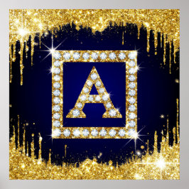 Gouden Monogram Beginletter A Met Blauwe Glitters Poster