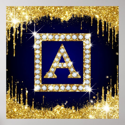 Gouden Monogram Beginletter A Met Blauwe Glitters Poster (Voorkant)