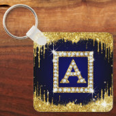 Gouden Monogram Beginletter A Met Blauwe Glitters Sleutelhanger (Voorkant)