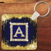 Gouden Monogram Beginletter A Met Blauwe Glitters Sleutelhanger (Achterkant)