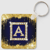 Gouden Monogram Beginletter A Met Blauwe Glitters Sleutelhanger (Achterkant)