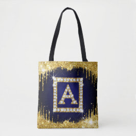 Gouden Monogram Beginletter A Met Blauwe Glitters Tote Bag