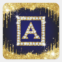 Gouden Monogram Beginletter A Met Blauwe Glitters Vierkante Sticker
