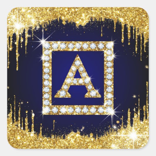 Gouden Monogram Beginletter A Met Blauwe Glitters Vierkante Sticker (Voorkant)