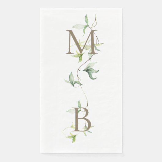Gouden Monogram Bladgroen Wit Elegant Bruiloft Servet (Voorkant)