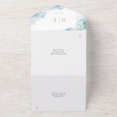 Gouden Monogram Blauw Aquarel Bruiloft All In One Uitnodiging (Buitenkant)