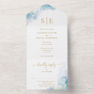 Gouden Monogram Blauw Aquarel Trouwfeest All In One Uitnodiging
