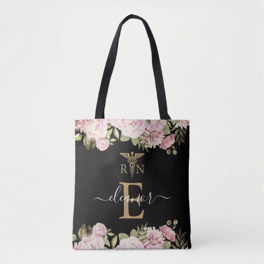 Gouden Monogram Bloem Verpleegkundige Afstudeer T Tote Bag (Voorkant)