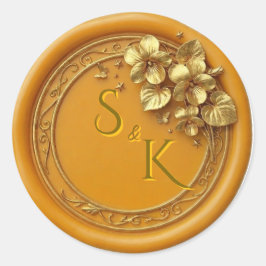 Gouden Monogram Bloemachtige Trouwzegel Ronde Sticker