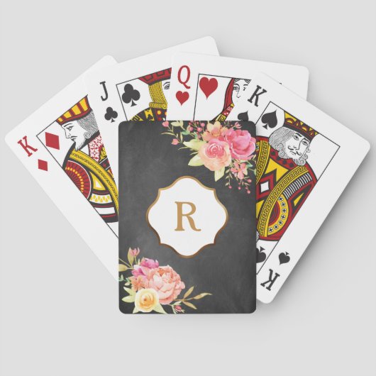 Gouden monogram & bloemen op een gestructureerde k pokerkaarten (Achterkant)