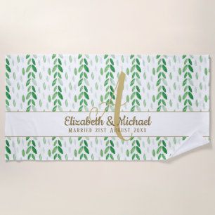 Gouden Monogram Botanische Aquarel Groene Huwelijk Strandlaken