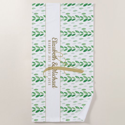 Gouden Monogram Botanische Aquarel Groene Huwelijk Strandlaken (Voorkant)