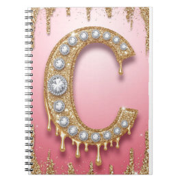 Gouden Monogram C Diamant Letter Roze Cadeau Voor  Notitieboek