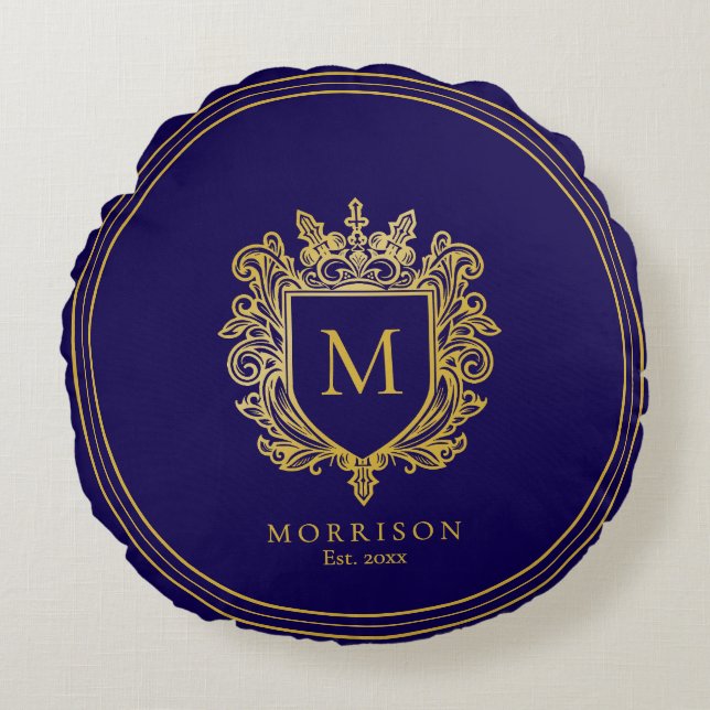 Gouden Monogram Crest Rond Kussen (Voorkant)