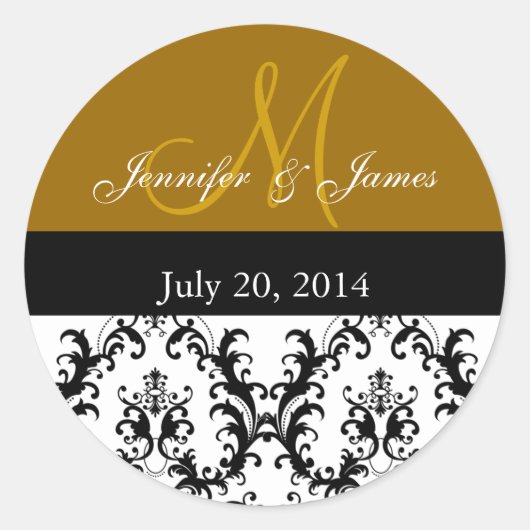Gouden Monogram Damask Bruiloft Stickers (Voorkant)
