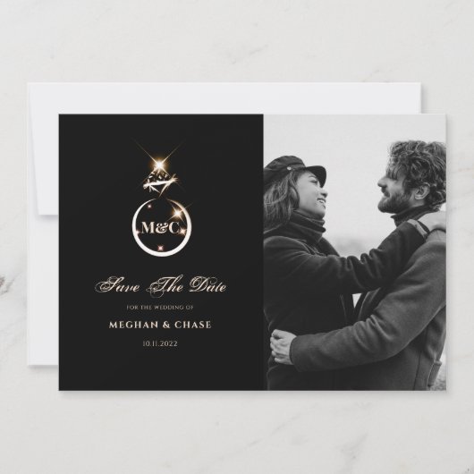 Gouden Monogram Diamanten Trouwfoto Save The Date (Voorkant)