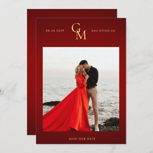 Gouden Monogram Donkerrode Stemming Foto Passie Br Save The Date (Voorkant / Achterkant)