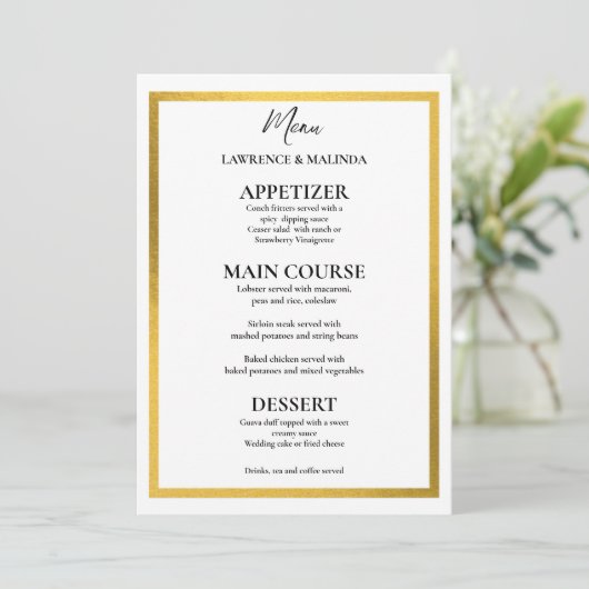 Gouden Monogram Eenvoudige Elegante Bruiloft Menu (Staand voorkant)