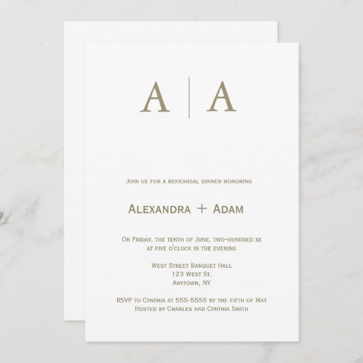 Gouden monogram eenvoudige repetitie dineruitnodig kaart (Voorkant / Achterkant)