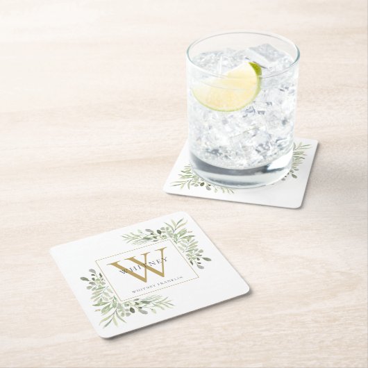 Gouden Monogram Elegant Modern Groen Bloemen Kartonnen Onderzetters (Insitu)