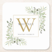 Gouden Monogram Elegant Modern Groen Bloemen Kartonnen Onderzetters (Voorkant)