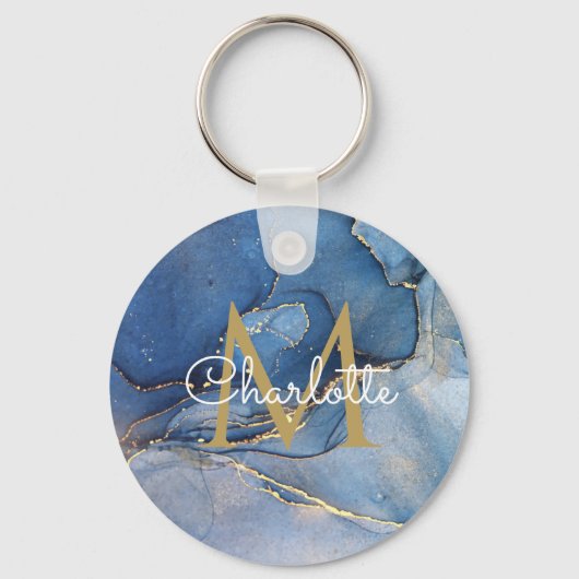 Gouden Monogram Elegant Schrift Blauwe Agaat Geode Sleutelhanger (Voorkant)