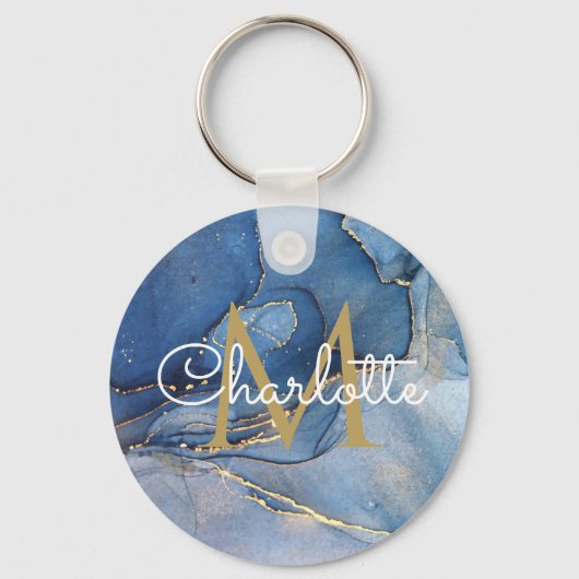 Gouden Monogram Elegant Schrift Blauwe Agaat Geode Sleutelhanger (Voorkant)