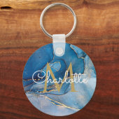 Gouden Monogram Elegant Schrift Blauwe Agaat Geode Sleutelhanger (Achterkant)