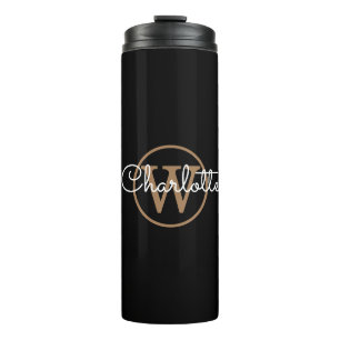 Gouden Monogram Elegant Schrift Zwart Thermosbeker