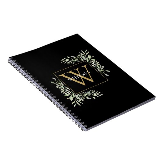 Gouden Monogram Elegante Eucalyptus Groene Zwart Notitieboek (Rechterzijde)