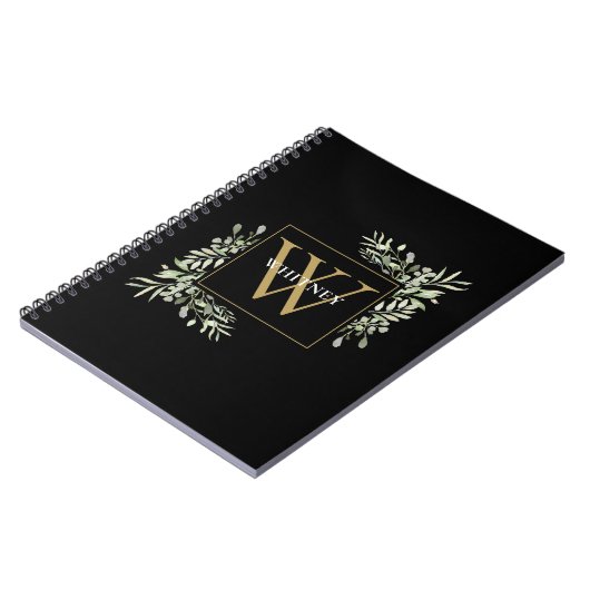 Gouden Monogram Elegante Eucalyptus Groene Zwart Notitieboek (Linkerzijde)