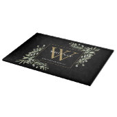 Gouden Monogram Elegante Groene Bladeren Zwart Snijplank (Hoek)