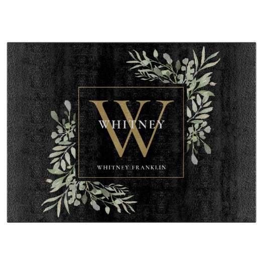 Gouden Monogram Elegante Groene Bladeren Zwart Snijplank (Voorkant)