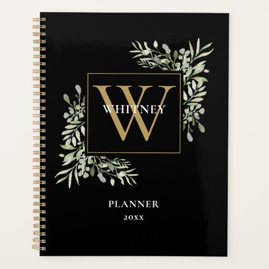 Gouden Monogram Elegante Groene Bladkleur Zwart 20 Planner (Voorkant)