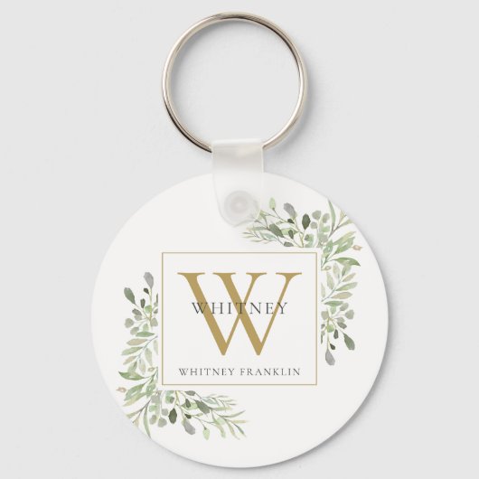 Gouden Monogram Elegante Groene Sieraden Sleutelha Sleutelhanger (Voorkant)