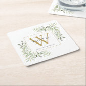 Gouden Monogram Elegante Moderne Groene Bloemen Kartonnen Onderzetters (Schuin)