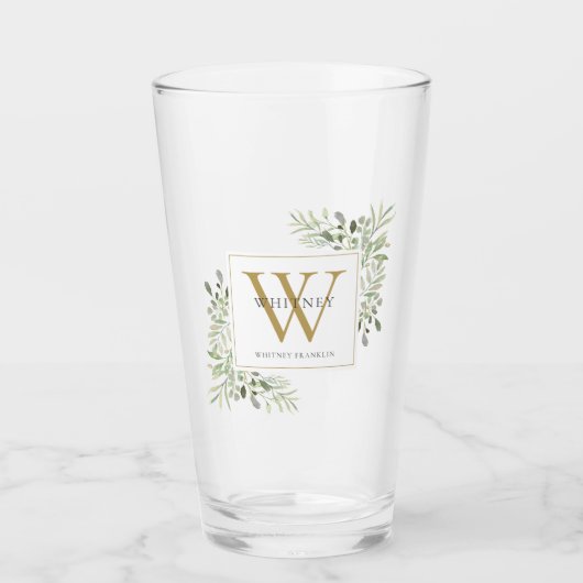 Gouden Monogram Elegante Moderne Groene Elementen  Glas (Voorkant)