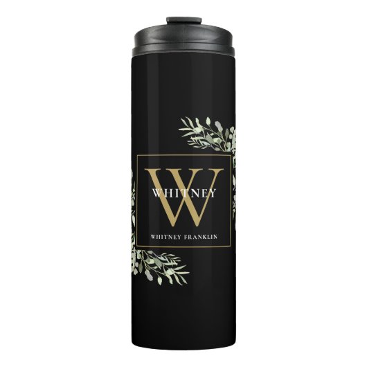 Gouden Monogram Elegante Moderne Groene Elementen Thermosbeker (Voorkant)