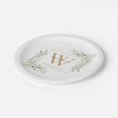 Gouden Monogram Elegante Moderne Groene Papierplaa Papieren Bordje (Gekanteld)