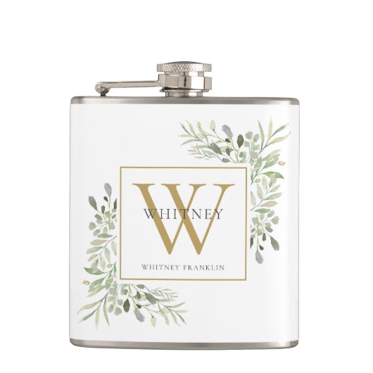 Gouden Monogram Elegante Moderne Groene Tinten Heupfles (Voorkant)