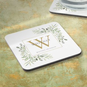 Gouden Monogram Elegante Moderne Groenelementen Bier Onderzetter