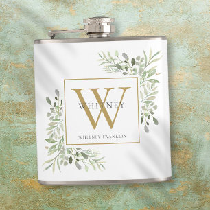 Gouden Monogram Elegante Moderne Groenelementen Heupfles