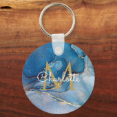 Gouden Monogram Elegante Script Blauwe Agaat Geode Sleutelhanger (Voorkant)