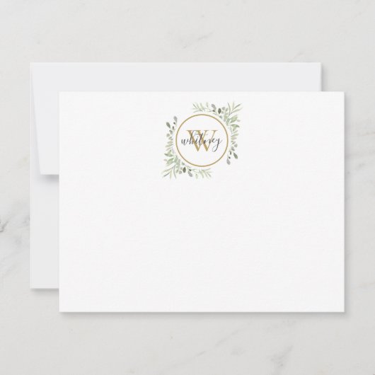 Gouden Monogram Elegante Script Groene Tinten Notitiekaartje (Voorkant)