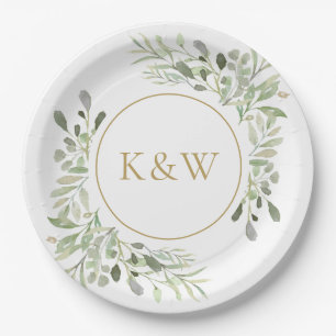 Gouden Monogram Eucalyptus Groenelementen Papieren Bordje