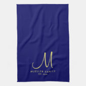 Gouden Monogram Familienaam Marine Blauw Effen Kle Theedoek (Verticaal)