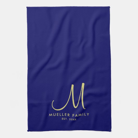 Gouden Monogram Familienaam Marine Blauw Effen Kle Theedoek (Verticaal)